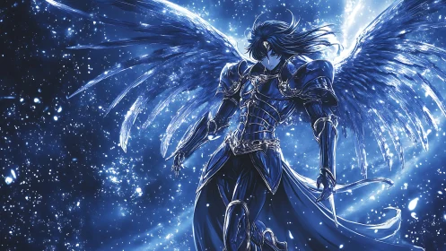 Winged armored figure in blue celestial particle field.