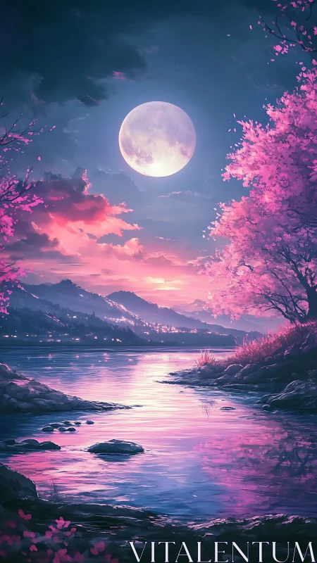 Moonlit cherry blossom lake glowing in soft pastel hues.