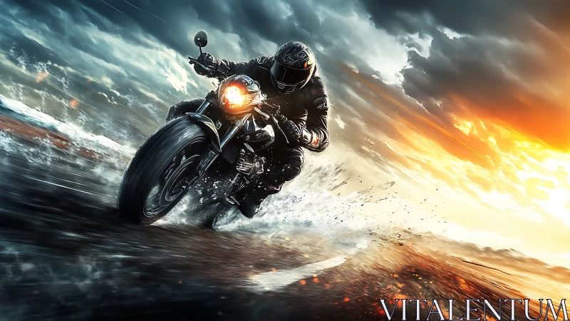 Motorcyclist racing through wet road under stormy sky.