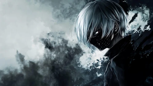 Masked silver-haired figure in monochrome storm haze profile.