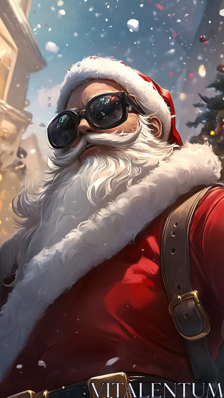 Cool modern Santa in reflective goggles patrols festive street.