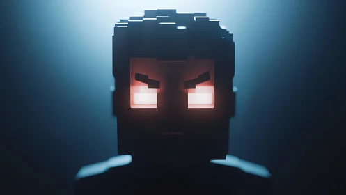 Blocky digital avatar glares forward with glowing eyes