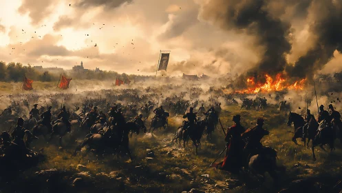 Mounted cavalry charge through incendiary battlefield haze.