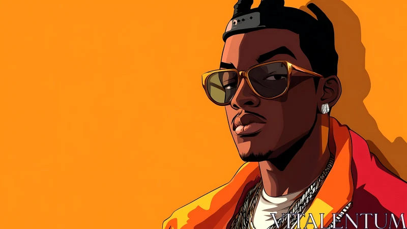 Stylized male portrait on flat orange monochrome field.