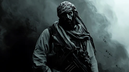 Militant figure emerges from high-contrast smoky background