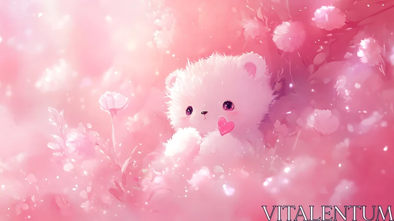Small white plush bear in pink floral digital background.