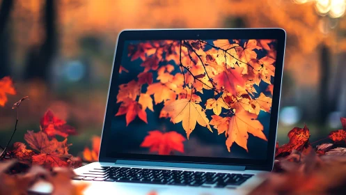 Laptop screen reflects vivid autumn maple leaves in focus.