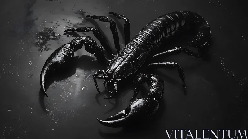 Glossy black scorpion rendered on reflective dark surface