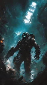 Armored space soldier rising through wrecked starship cavern.