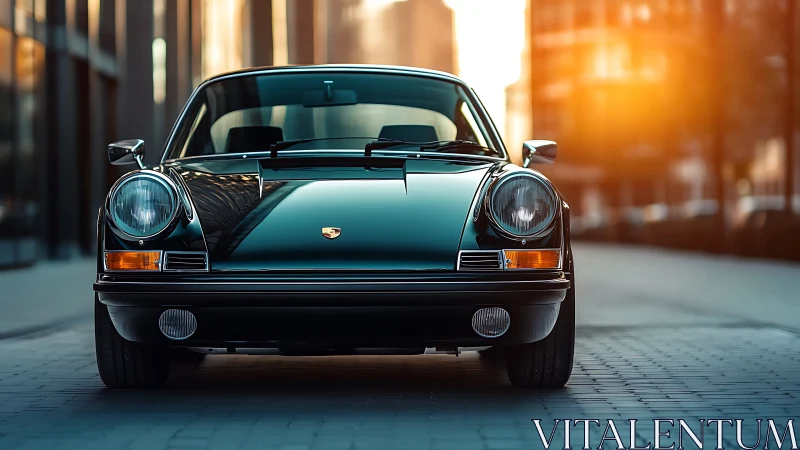 Front view of classic black coupe on paved urban street.
