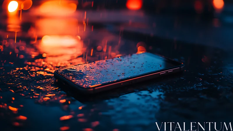 Abandoned smartphone on wet asphalt under neon city rainfall