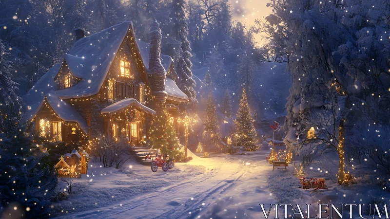 Snow-laden chalet with festive lights on twilight forest lane