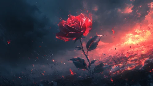 Crimson rose ignites stormy horizon in cinematic digital art.