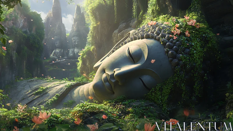 Monumental reclining Buddha overgrown with luminous valley flora.