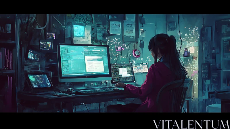 Solitary coder in neon-lit room monitors cyber data feeds.
