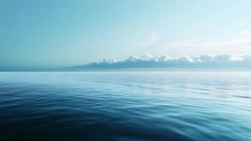 Calm turquoise sea mirrors soft horizon clouds under light.