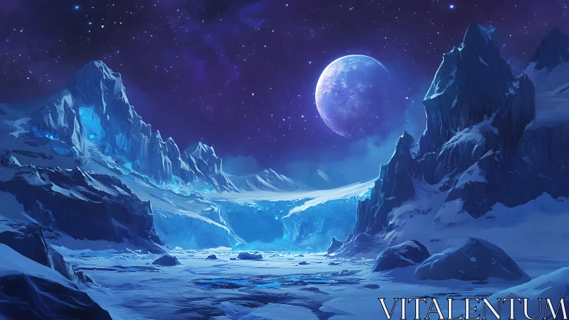 Moonlit glacier gorge on a distant sapphire iceworld.