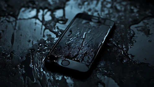 Wet smartphone lies on reflective surface with directional rim lighting