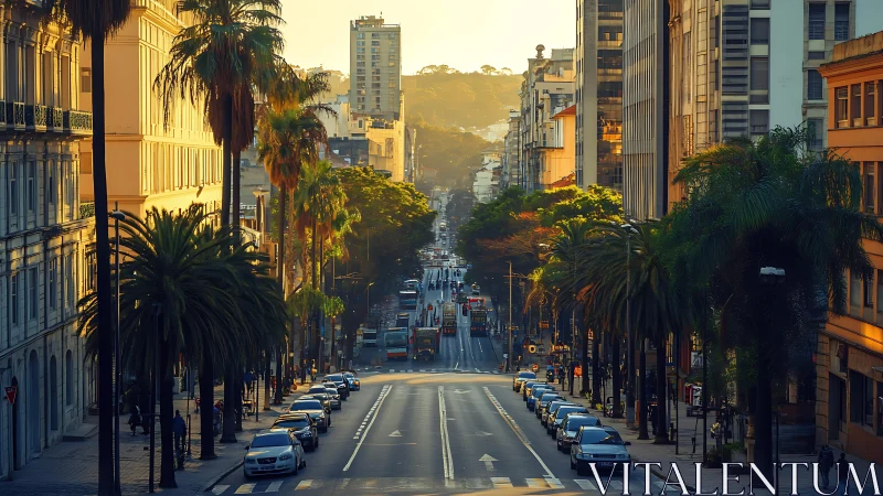 Sunlit palm-lined city avenue easing into the evening glow.