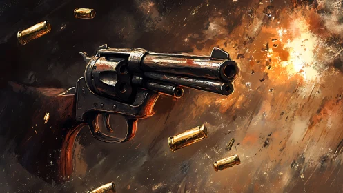 Revolver erupts amid spent shells and blazing muzzle flash.