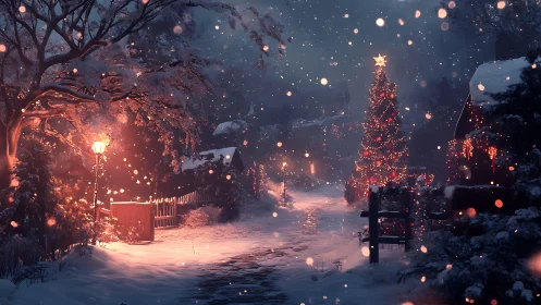 Snowy village lane glows with a magical Christmas night