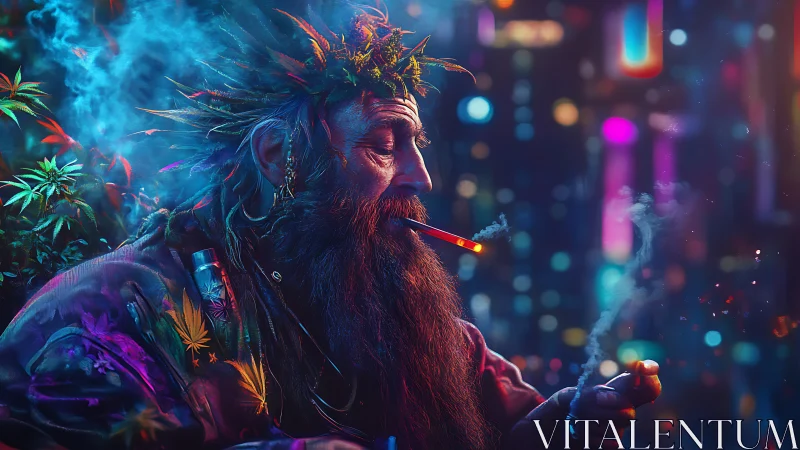 Neon-lit urban druid smoking in glowing cyber jungle.