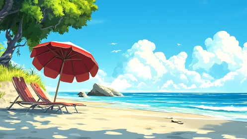 Tropical Beach Paradise Under Red Umbrella and Summer Sky.