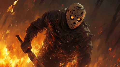 Masked slasher advances through burning forest inferno.