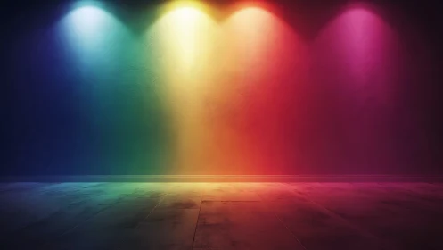 Empty concrete stage under vivid rainbow spotlights
