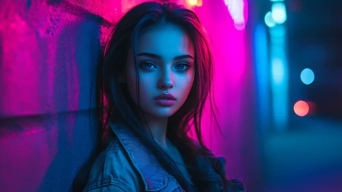 Neon city evening with a thoughtful girl in gentle glow.