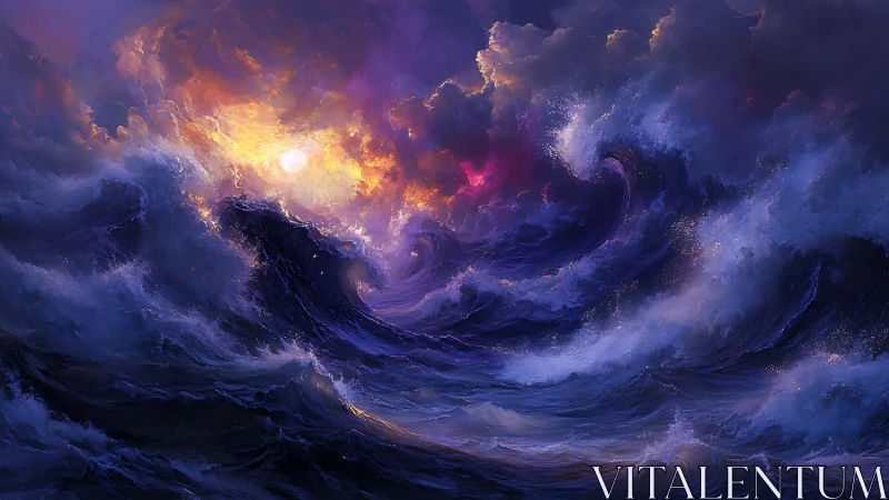 Vast storm sea with swirling waves under luminous sky.