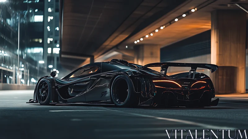 Hypercar rendered in cinematic night city underpass lighting