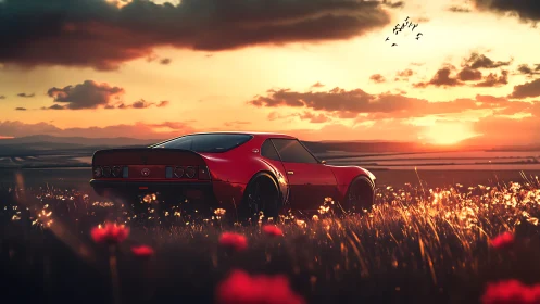 Digital painting of classic red sports car in sunset meadow.