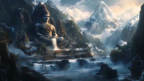 Colossal seated deity statue amid stepped waterfalls.