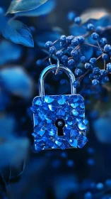Blue crystal padlock hanging among berries and leaves.