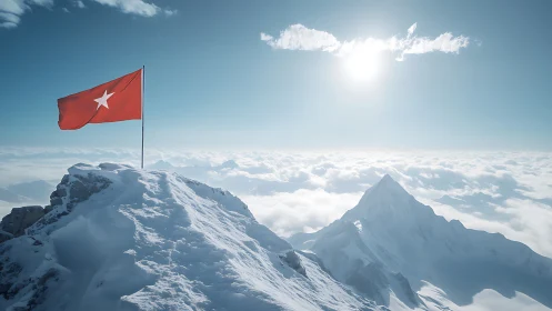 Crimson summit flag staking claim above cloud kingdoms.