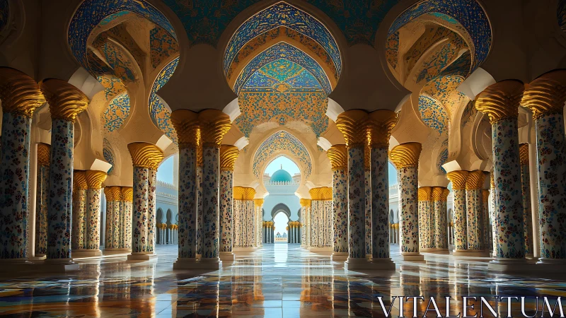 Sunlit mosaic pillars orchestrate a corridor of gilded arches