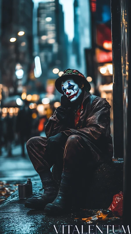Melancholic street clown resting in neon-soaked city night.