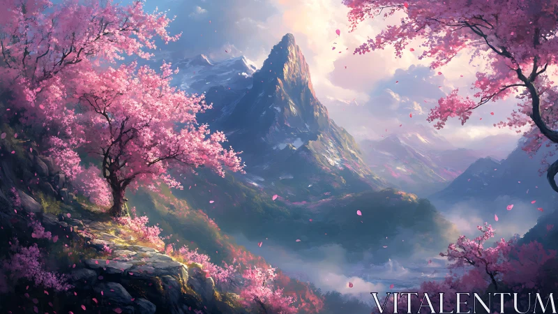 Majestic alpine peak rises amid luminous cherry blossom haze