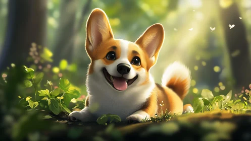 Happy corgi puppy rests in soft sunlit forest clearing