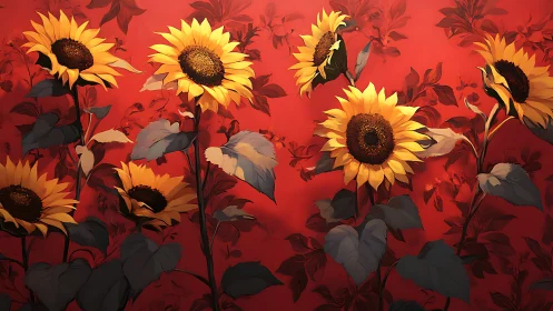 Sunflowers Dancing Against Crimson Warmth.