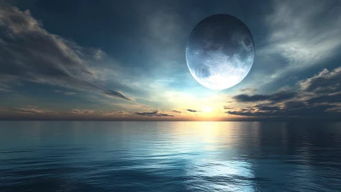 Luminous moonrise over reflective ocean horizon at dusk.