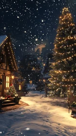 Photorealistic snowy village with illuminated Christmas tree.