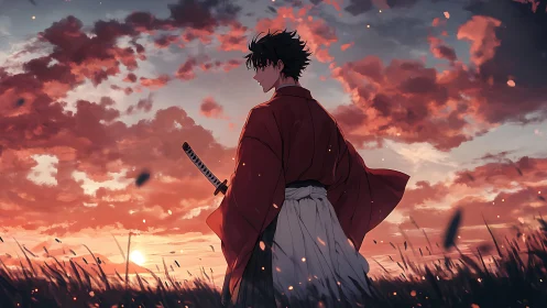 Lone young samurai welcomes the quiet glow of sunset fields