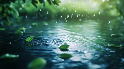 Shallow depth-of-field rain ripples render with glossy water surface