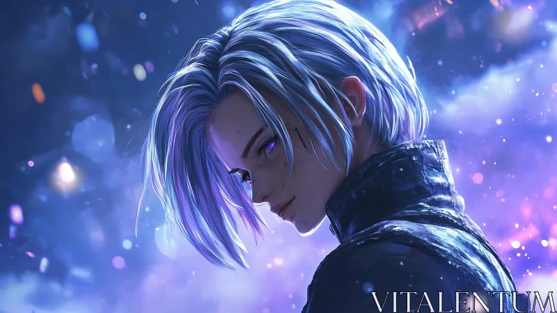 Cyan-lit anime antihero turns in profile amid bokeh haze