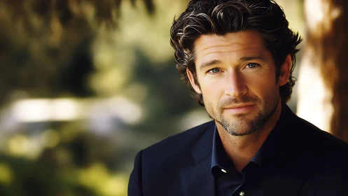 Warmly confident man outdoors shares a calm, steady gaze