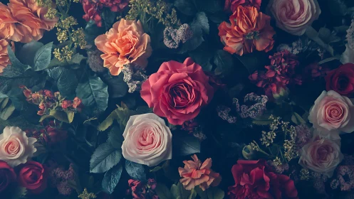 Lush Garden of Roses in Warm and Jewel Tones.