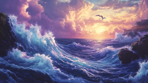 Luminous fantasy seascape with crashing waves and dragon.