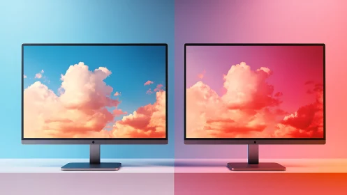 Dual monitors with gradient cloud displays in split lighting.